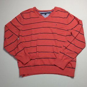 Tommy Hilfiger Mens Large L V Neck Striped Sweater Salmon Red Pink Preppy Casual